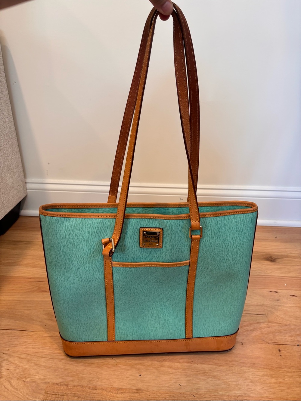 Dooney & Bourke Lexington shopper tote in turquoise and tan leather trim